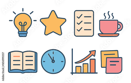 Motivation Tools Grid. Flat vector mini-illustrations midweek motivation tools in colors children's