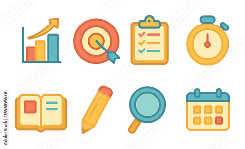 Children's Task Icons. Flat vector mini-illustrations progress review in colors children's illustrations: