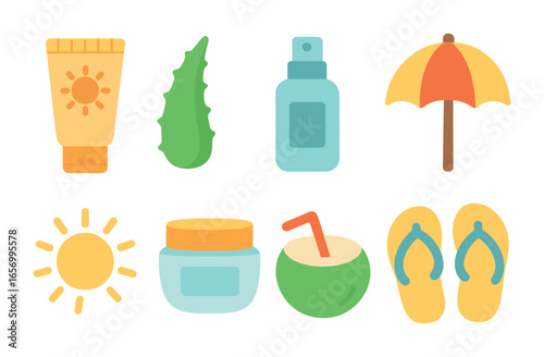 Summer Skincare Icons. Flat vector mini-illustrations summer skincare in colors children's illustrations: