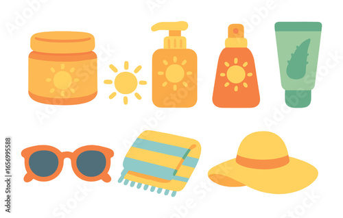 Sun Care Essentials. Flat vector mini-illustrations SPF products in colors children's illustrations: SPF cream