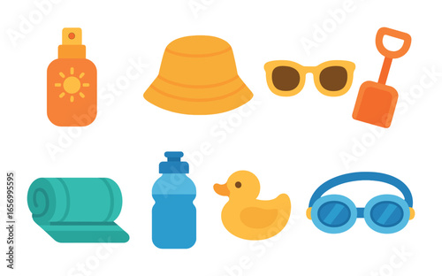 Kids Summer Skincare Icons. Flat vector mini-illustrations kids summer skincare in colors children's