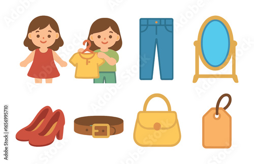 Kids' Fashion Icons. Flat vector mini-illustrations trying new outfits in colors children's illustrations:
