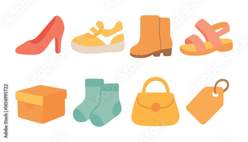 Children's Shoe Shopping Icons. Flat vector mini-illustrations shoe shopping in colors children's