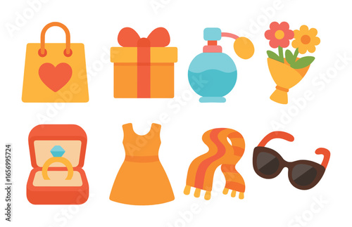 Gift Shopping Icons. Flat vector mini-illustrations gift shopping spree in colors children's illustrations: