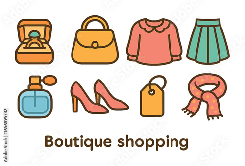 Children's Shopping Icons. Flat vector mini-illustrations boutique shopping in colors children's illustrations