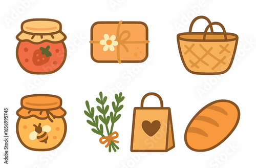 Handmade Market Goods. Flat vector mini-illustrations handmade market goods in colors children's illustrations