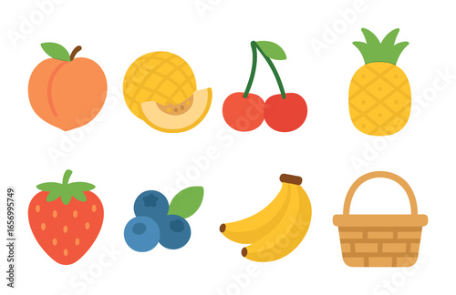 Summer Fruit Basket. Flat vector mini-illustrations summer fruit table in colors children's illustrations: