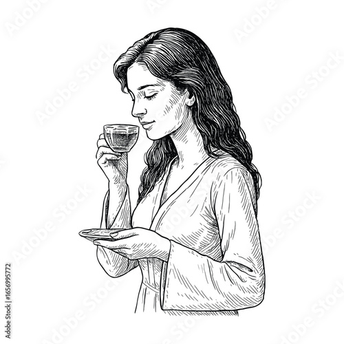 A detailed black and white drawing of a woman enjoying a cup of tea, with her eyes closed.