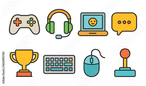 Vibrant Gaming Icons. Flat vector mini-illustrations gaming community in colors children's illustrations: game