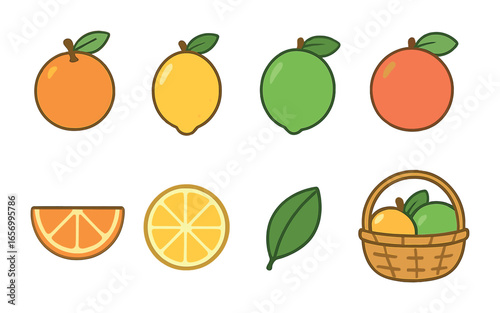 Citrus Fruit Icons. Flat vector mini-illustrations citrus fruit selection in colors children's illustrations: