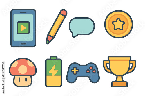 Colorful Gaming Icons. Flat vector mini-illustrations mobile gaming in colors children's illustrations: