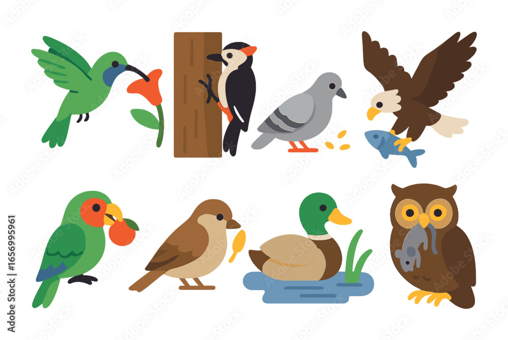 Obraz premium Birds' Diverse Diets. Flat vector mini-illustrations birds feeding habits in colors children's illustrations: