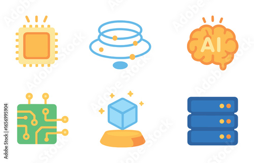 Quantum Computing Icons. Flat vector mini-illustrations quantum computing and AI in colors children's