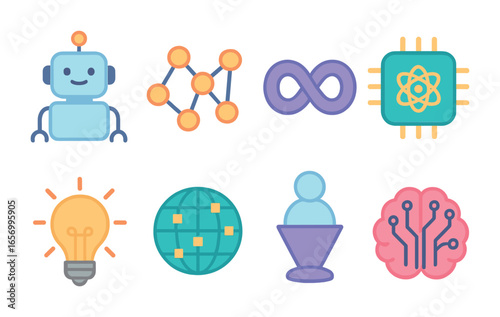 Child's AI World. Flat vector mini-illustrations AI singularity predictions in colors children's illustrations
