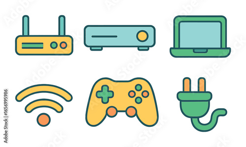 Gaming Network Icons. Flat vector mini-illustrations gaming network optimization in colors children's