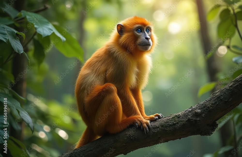 Fototapeta premium Golden snub-nosed monkey perches on tree branch in forest. Orange primate with blue eyes sits amongst green foliage. Wildlife species in natural habitat, conservation importance for biodiversity.