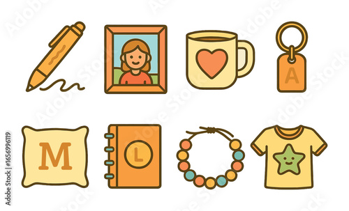 Children's Gift Icons. Flat vector mini-illustrations personalized gifts in colors children's illustrations: