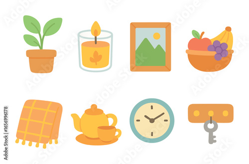 Housewarming Gift Icons. Flat vector mini-illustrations gifts for housewarming in colors children's
