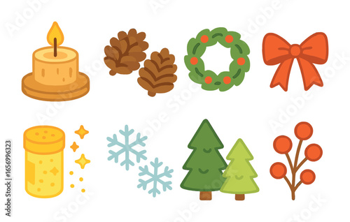 Festive Table Decorations. Flat vector mini-illustrations crafting holiday table decorations in colors