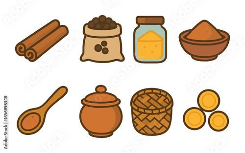 Spice Trade Icons. Flat vector mini-illustrations spice trade in colors children's illustrations: cinnamon