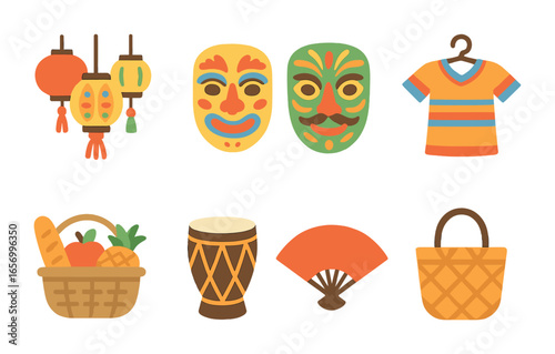 Cultural Festival Icons. Flat vector mini-illustrations cultural festivals with trade in colors children's