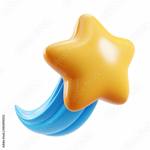 3D cute yellow shooting star with glossy surface and bright blue curved tail, cartoon celestial design isolated on transparent background