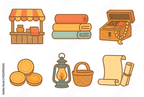 Historical Trade Fair Icons. Flat vector mini-illustrations historical trade fairs in colors children's