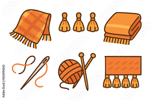 Cozy Blanket Icons. Flat vector mini-illustrations blanket fringe in colors children's illustrations: cozy
