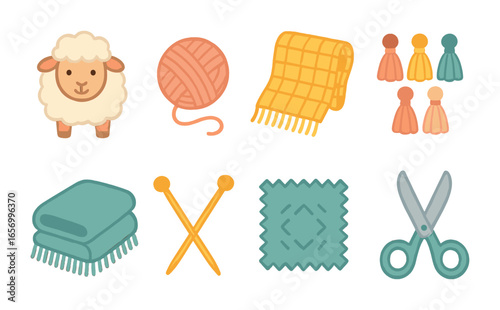 Colorful Wool Icons Grid. Flat vector mini-illustrations wool blankets with fringe in colors children's