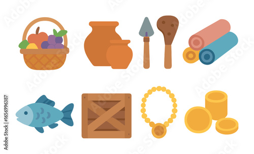 Barter Trade Tokens. Flat vector mini-illustrations barter trade systems in colors children's illustrations: