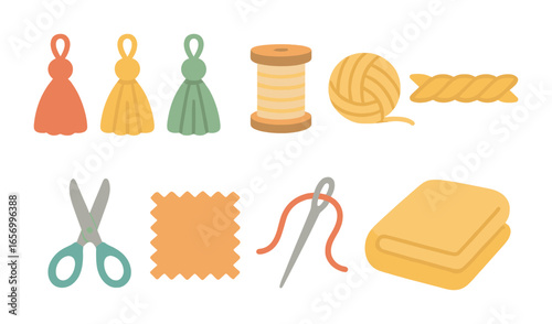 Colorful Craft Icons. Flat vector mini-illustrations decorative blanket tassels in colors children's