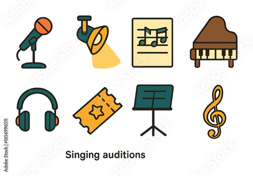 Children's Music Auditions. Flat vector mini-illustrations singing auditions in colors children's
