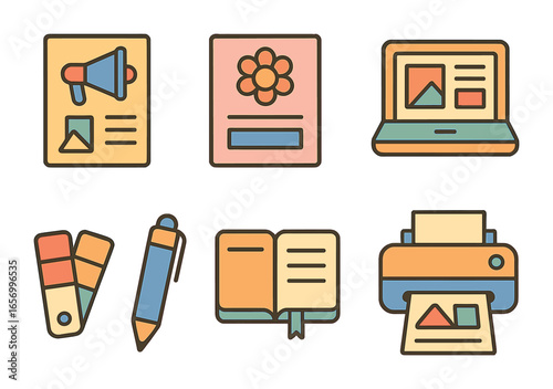 Colorful Marketing Icons. Flat vector mini-illustrations creating marketing materials in colors children's