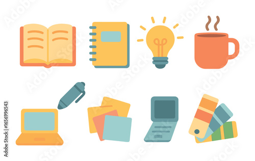 Creative Workspace Icons. Flat vector mini-illustrations brand story creation in colors children's