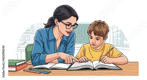 Educator Assisting Schoolboy with Studies