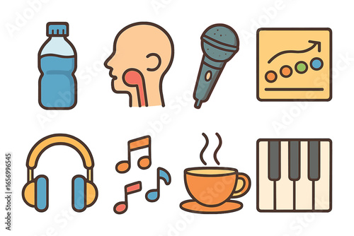Vocal Health Icons. Flat vector mini-illustrations vocal health tips in colors children's illustrations: water