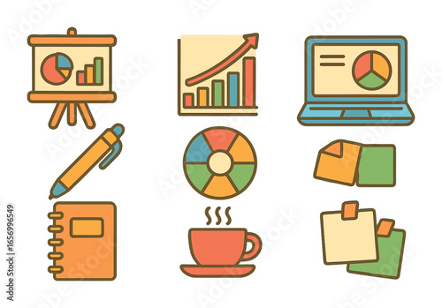 Colorful Brand Icons. Flat vector mini-illustrations presenting brand ideas in colors children's illustrations