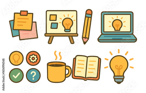 Creative Brainstorm Icons. Flat vector mini-illustrations brainstorming brand ideas in colors children's