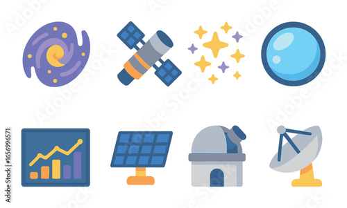 Children's Galactic Explorations. Flat vector mini-illustrations galaxy observation with telescopes in colors