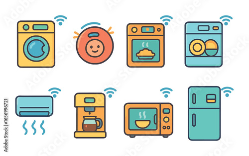 Smart Home Icons. Flat vector mini-illustrations connected home appliances in colors children's illustrations: