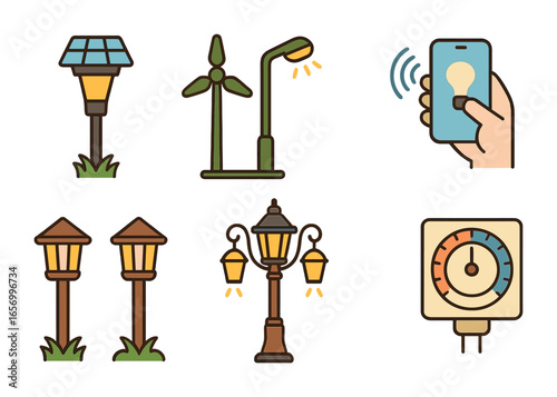 Energy-Efficient Lighting Icons. Flat vector mini-illustrations energy-efficient lighting in colors children's