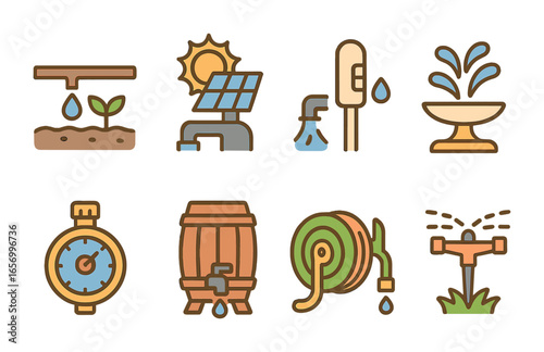 Water-Saving Icon Grid. Flat vector mini-illustrations water-saving park features in colors children's