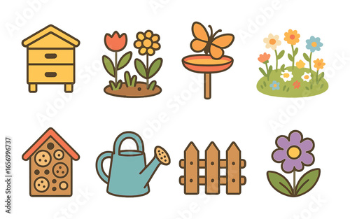 Pollinator Garden Icons. Flat vector mini-illustrations pollinator-friendly areas in colors children's