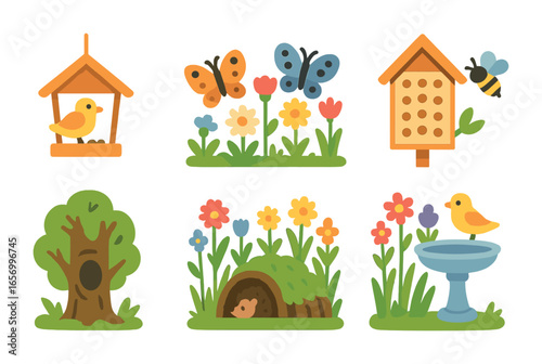 Wildlife Park Icons. Flat vector mini-illustrations wildlife-friendly parks in colors children's illustrations