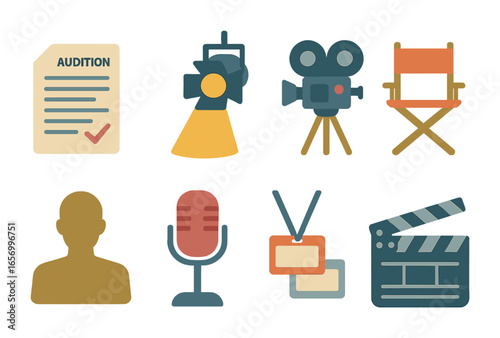 Children's Audition Essentials. Flat vector mini-illustrations casting call preparation in colors children's
