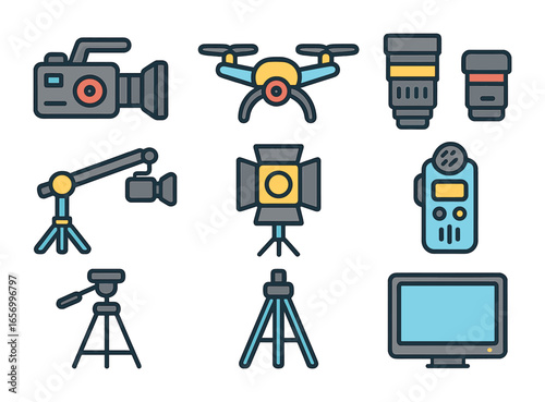 Colorful Cinematography Icons. Flat vector mini-illustrations cinematography equipment in colors children's