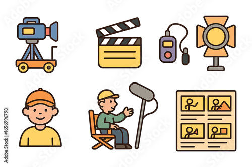 Filming Equipment Icons. Flat vector mini-illustrations behind-the-scenes filming in colors children's