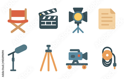 Movie Set Icons. Flat vector mini-illustrations movie set essentials in colors children's illustrations:
