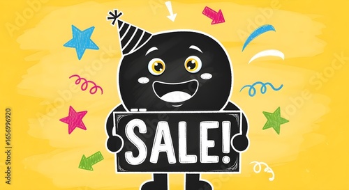 Happy Character Holding Sale Sign with Party Elements