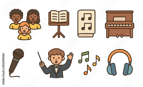 Children's Choir Rehearsal. Flat vector mini-illustrations choir rehearsals in colors children's illustrations